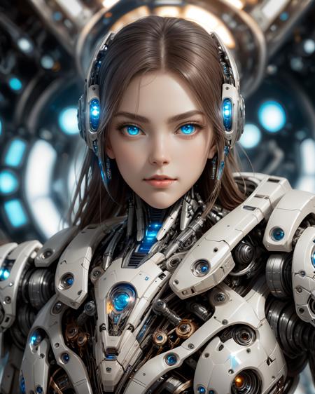 16256-69422-full_body, 1girl, mecha, glowing blue eyes, cute, biomechanical, complex robot, interior spaceship background in bokeh, hyper re.png